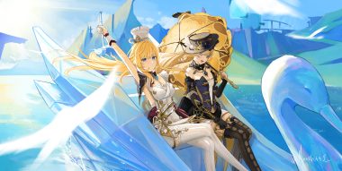 2girls aliasing aqua eyes blonde hair blue eyes boat breasts choker cleavage clouds dress escoffier (genshin impact) genshin impact gloves hat long hair month 345 navia (genshin impact) necklace sky thighhighs umbrella water wristwear
