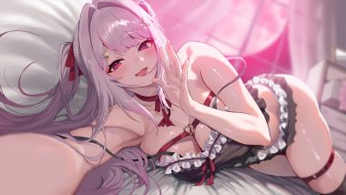bed blush bow breasts choker cleavage close garter gray hair kimitsu tenka long hair midnamana moon night no bra red eyes ribbons shorts sky twintails
