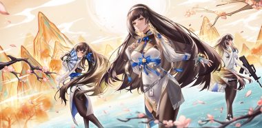 bow brown hair cape cherry blossoms chinese clothes chinese dress clouds daiyan (girls frontline 2) dress fan flowers girls frontline girls frontline 2 gloves gun headband long hair pantyhose petals ribbons see through skirt sky tree type 95 (girls frontline) uniform user fnrt4358 water weapon wristwear yellow eyes