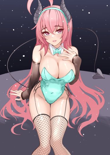 parfait desu parfy devil fishnets horns leotard no bra stockings tail thighhighs
