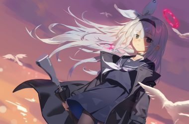 animal bird black eyes blue archive braids choker clouds gray hair gun halo headband long hair pantyhose plana (blue archive) school uniform shortofsugar sketch skirt sky sunset umbrella weapon