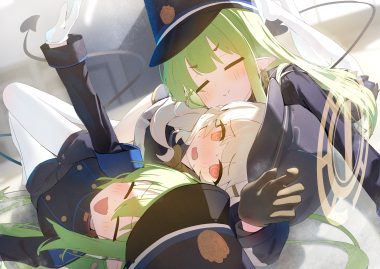 blue archive blush bow close fang gloves green hair halo hat loli long hair pantyhose pointed ears red eyes school uniform shorts skirt tachibana hikari (blue archive) tachibana nozomi tail twins uniform utsumi aoba white hair yamada auto