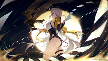 animal ass bird breasts elbow gloves garter gloves jinbin825 leotard long hair magic ofuda signed thighhighs white hair yellow eyes yi xuan zenless zone zero