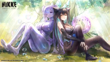 2girls black hair bodysuit breasts bubbles choker cinderella (nikke) flowers goddess of victory: nikke grass little mermaid (nikke) logo long hair misyune purple eyes skintight tree twintails watermark white hair yellow eyes