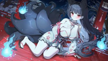 animal ears arme (cgsy7484) black hair blush bow breast hold breasts choker cleavage dress fire foxgirl japanese clothes lolita fashion long hair magic multiple tails night no bra original red eyes ribbons snow socks tail tree
