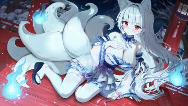 animal ears arme (cgsy7484) blush bow breast hold breasts choker cleavage dress fire foxgirl gray hair japanese clothes lolita fashion long hair magic multiple tails night no bra original red eyes ribbons snow tail thighhighs tree