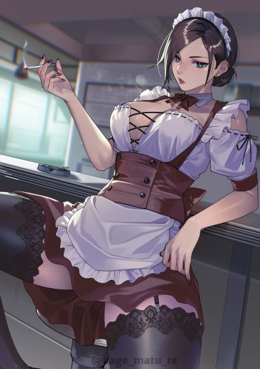 kagematsuri maid no bra skirt lift smoking stockings thighhighs waitress