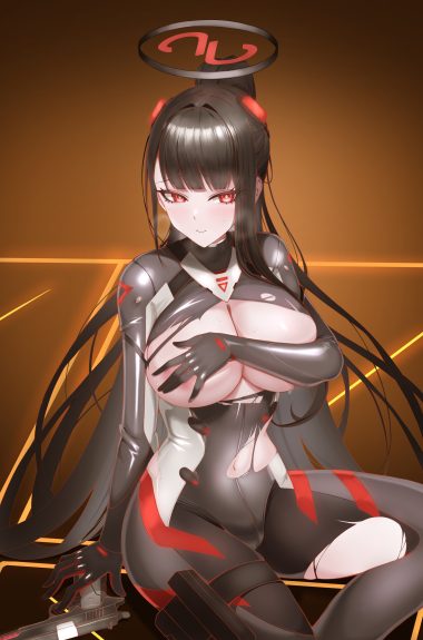 funky dea1er blue archive tsukatsuki rio areola bodysuit breast hold breasts garter gun halo no bra torn clothes