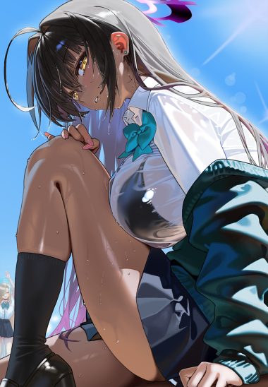 chan (dlgkal123) blue archive ichinose asuna kakudate karin bra halo see through seifuku skirt lift sweater wet wet clothes