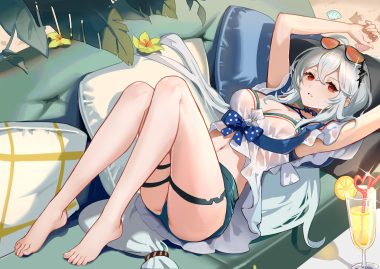 arknights barefoot bow breasts choker cleavage couch drink flowers garter gray hair leaves long hair navel red eyes rero (bigdoorbig2) see through shorts skadi (arknights) sunglasses