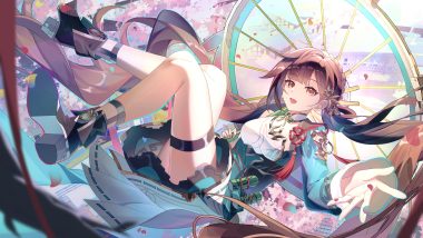 boots braids brown hair building catmelon (user melon010203) cherry blossoms chinese clothes dress flowers garter honkai impact honkai (series) li sushang long hair orange eyes petals twintails umbrella