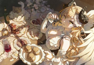 blonde hair breasts cake cleavage corset dress drink flowers food fruit heartki horns long hair original rose strawberry wings wristwear yellow eyes