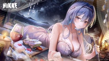 ass bath bathtub beach blue eyes blue hair blush breasts cleavage drink goddess of victory: nikke headband helm (nikke) logo long hair night ozzingo petals shower sky tree water watermark