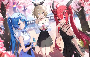 aqua eyes blue eyes blue hair blush bow brown hair cherry blossoms choker demon dress drink fang flowers hikari (starward) kaze (starward) long hair melreon necklace petals phone pointed ears ponytail red hair short hair skirt spring starward tagme (character) tail tree twintails wings wristwear