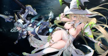 2girls aqua hair armor blonde hair blue eyes boots braids breasts clouds dress ether (starward) garter hat horns leotard long hair mechagirl noir socery777 panties purple eyes rhine (starward) see through sky staff starward tail thighhighs underwear witch hat