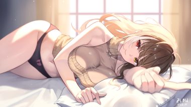 bed bicolored eyes bld zi blush breasts brown hair close girls frontline girls frontline 2 long hair navel no bra panties ro635 (girls frontline) robella (girls frontline 2) signed underwear