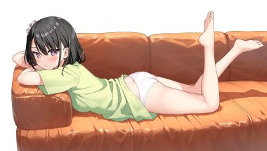 ass barefoot black hair blush couch kantoku original panties ponytail purple eyes shirt lift shizuku (kantoku) short hair underwear white