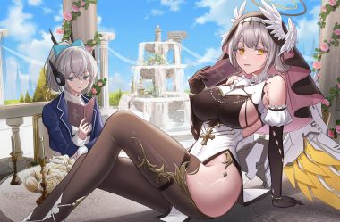 2girls blue eyes blush book bow breasts clouds cross dress elbow gloves flowers gloves gray hair halo headdress headphones idasu (hyun9164) nun pantyhose ponytail short hair sideboob sky starward tagme (character) tree water wings wristwear yellow eyes