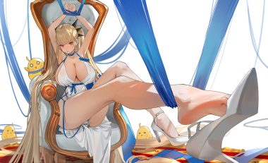animal anthropomorphism azur lane barefoot bird bondage breasts brown hair cameltoe choker cleavage dress formidable (azur lane) long hair manjuu (azur lane) nopan red eyes ribbons twintails user ymdh7773 white