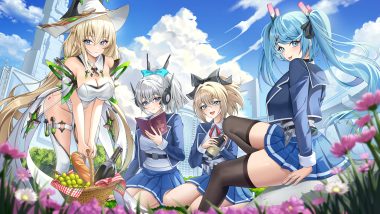 aqua eyes aqua hair blonde hair blue eyes book bow braids breasts brown hair building cleavage clouds drink ether (starward) flowers food fruit garter grass gray hair group hat headphones hikari (starward) kaze (starward) leotard long hair ponytail school uniform see through skirt sky ssong2 starward tagme (character) thighhighs twintails witch hat zettai ryouiki