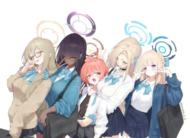 aliasing aqua eyes asuma toki bandaid black hair blonde hair blue archive blue eyes blush bow braids brown hair choker dark skin glasses group halo hug ichinose asuna kakudate karin long hair mikamo neru murokasa akane phoebe (user vvpf4584) pink eyes pink hair ponytail school uniform shirt short hair skirt white wristwear yellow eyes
