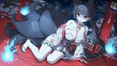 animal ears arme (cgsy7484) black hair bow breast hold breasts choker cleavage dress fang fire foxgirl japanese clothes lolita fashion long hair magic multiple tails night no bra original red eyes ribbons snow socks tail tree
