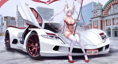 anthropomorphism azur lane breasts building car garter gray hair horns kcar66t leotard no bra red eyes see through shimanto (azur lane) sky thighhighs