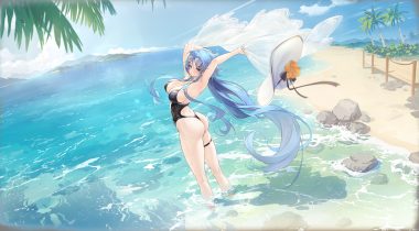 aliasing anthropomorphism ass azur lane beach blue eyes blue hair breasts cleavage clouds garter hat long hair sky sovetskaya belorussiya (azur lane) sunglasses swimsuit tagme (artist) transparent tree water wet