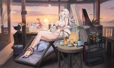 aliasing animal anthropomorphism azur lane ball beach bikini bird black hair blush braids breasts choker cleavage clouds colorado (azur lane) drink drums food fruit garter headband instrument long hair manjuu (azur lane) maryland (azur lane) navel phone ponytail red eyes red hair scarf sky sunset swimsuit tagme (artist) transparent water west virginia (azur lane) white hair