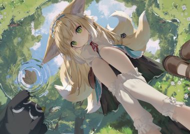 animal animal ears arknights bingchuan xian yu huang blonde hair cat clouds crossover flowers foxgirl grass green eyes headband leaves loli long hair luo xiaohei luo xiaohei zhanji multiple tails reflection shirt skirt sky socks suzuran (arknights) tail tree water