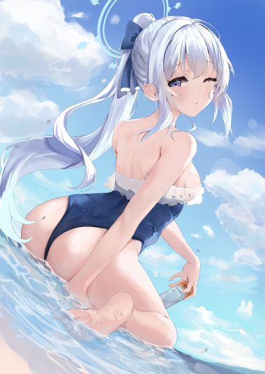 d244 blue archive tsukiyuki miyako ass halo see through swimsuits wet