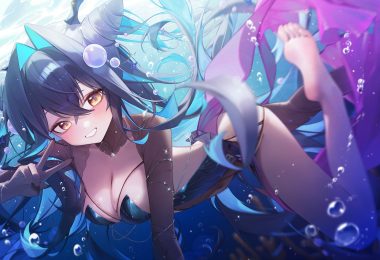 barefoot black hair blush bodysuit breasts bubbles cleavage close goddess of victory: nikke little mermaid (nikke) long hair s0104y underwater water wristwear yellow eyes