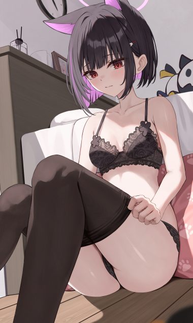 kurone (kurone ryuo) blue archive kyouyama kazusa animal ears bra halo lingerie nekomimi pantsu pantyhose undressing