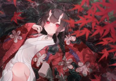 autumn black hair blush choker demon eto (eto96-1114) horns japanese clothes kimono leaves long hair original red eyes water