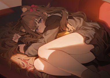 animal ears blush bow brown hair catgirl couch dress loli long hair nyum original purple eyes school uniform shade socks