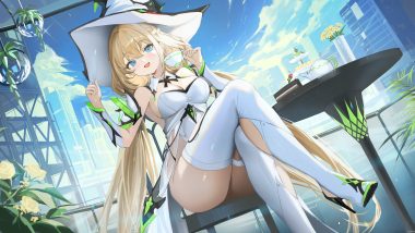 blonde hair blue eyes boots braids breasts building cake cherry city cleavage clouds drink ether (starward) flowers food fruit garter haruri hat leotard long hair rose see through signed sky starward thighhighs witch hat