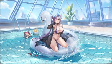 2girls aliasing animal anthropomorphism azur lane barefoot bikini bird blue eyes breast hold breasts building chao ho (azur lane) chibi choker city clouds long hair manjuu (azur lane) pool see through sky sunglasses swimsuit topless transparent water ying swei (azur lane) yyy (zelda10010)