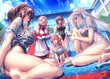 amakano 3 ass barefoot black hair blonde hair blue eyes blush braids breast hold brown eyes brown hair building clouds dress gloves goshoin touka gray hair green eyes group headdress long hair maid ootori sayumi orange hair piromizu pool purple eyes red eyes scarlet ikaruga wistaria school swimsuit see through shirt skintight sky spread legs summer swimsuit towel twintails water wet yanagi kanon yanagi shion