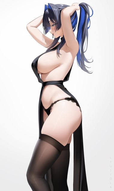 lyusiola hololive hololive english ouro kronii dress lingerie no bra pantsu thighhighs