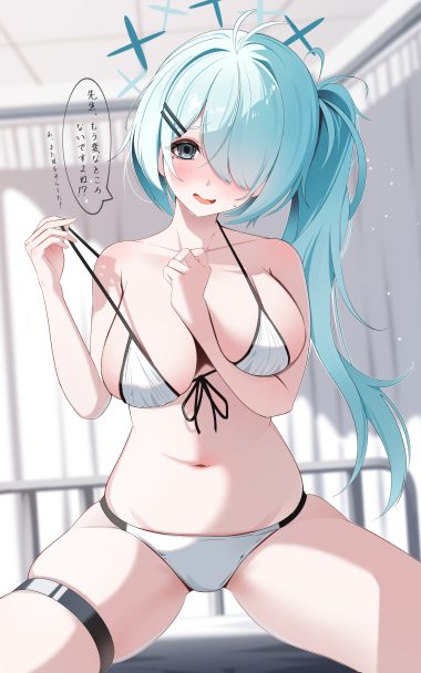 sikimosh blue archive tsuchinaga hiyori artist revision bikini breast hold garter halo swimsuits undressing