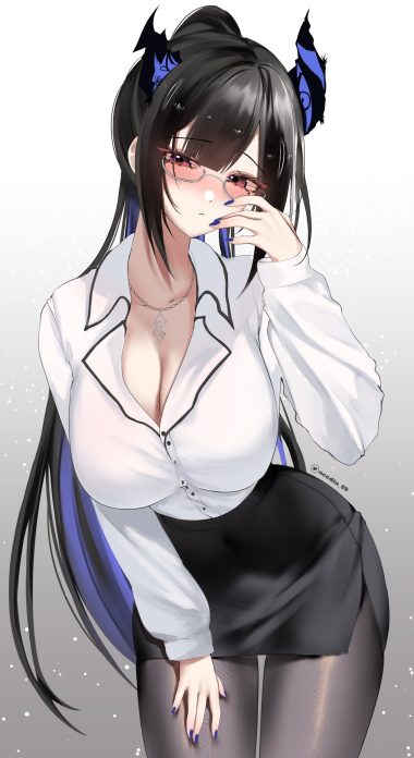 acedia hololive hololive english nerissa ravencroft cleavage dress shirt horns megane open shirt pantyhose