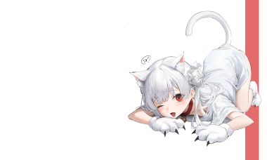 animal ears bell blush catgirl cat smile collar cropped fang gloves gray hair leviathan (hikinito0902) loli long hair original red eyes socks tail third-party edit white wink