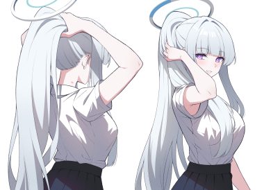 blue archive blush gray hair halo long hair ponytail purple eyes reia 76 school uniform shirt skirt ushio noa white