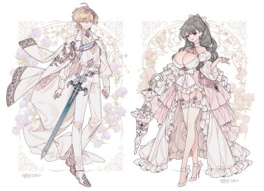 black hair blonde hair bow breasts brown eyes cape choker cleavage dress garter garter belt gray eyes lemon89h lolita fashion long hair male original shirt short hair signed sword tiara umbrella weapon white