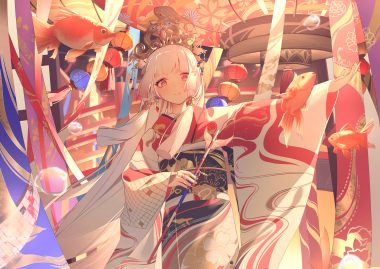 aekun cben animal fish headdress japanese clothes kimono long hair original red eyes white hair