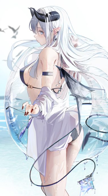 tanishi (hetianming11093) bikini devil horns megane pointy ears see through swimsuits tail wet wet clothes wings