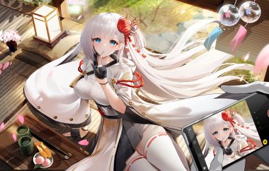aqua eyes azur lane blush camera cherry blossoms commander (azur lane) drink flowers food gloves grass hood japanese clothes kimono long hair petals phone shoukaku (azur lane) skirt thighhighs tsuru ai momono white hair