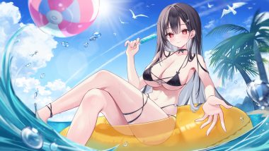 animal ball beach bikini bird black hair blush bow breasts choker cleavage clouds long hair navel original popsicle rangtori red eyes rie (mirae yang) sky swim ring swimsuit tree underboob water