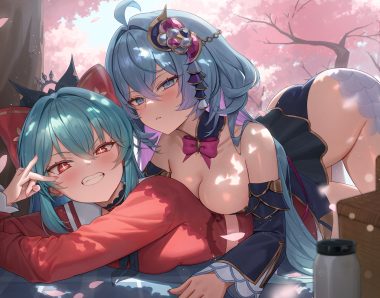 2girls aqua hair ass bianca (black survival) blue eyes blue hair blush bow breasts choker cleavage eternal return: black survival fang flowers hinaki (hinaki 0102) long hair petals red eyes school uniform shade shirt skirt tagme (character) tree