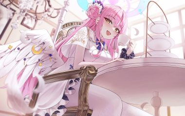 arch a4 blue archive blush cape dress drink feathers halo long hair misono mika pantyhose pink hair wings wristwear yellow eyes
